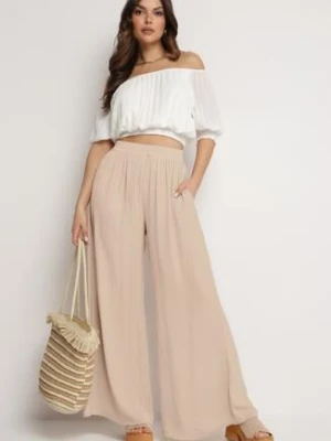 Beżowe Spodnie z Szerokimi Nogawkami i Gumką w Pasie Myrddin rosa