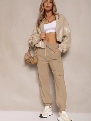 Beżowe Spodnie z Wiskozą Cargo High Waist Arrioelle
