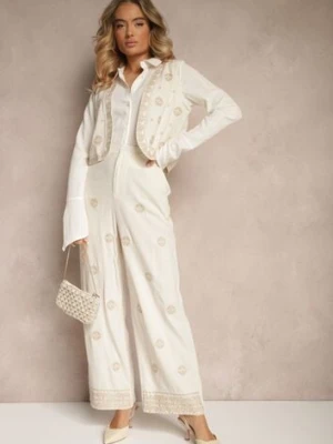 Beżowe Spodnie z Wiskozą i Lnem High Waist o Szerokim Kroju z Haftem Wilirna melya by melody