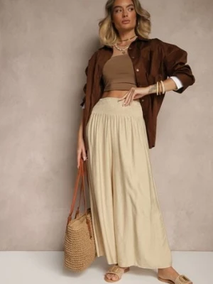 Beżowe Spodnie z Wiskozą o Szerokim Kroju High Waist Orrana