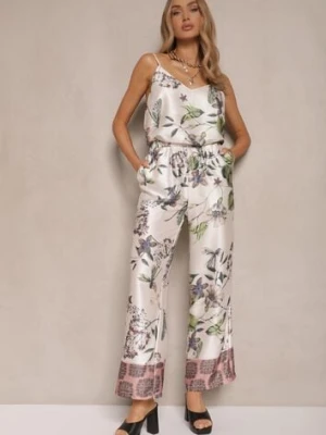 Beżowe Spodnie z Wiskozą o Szerokim Kroju High Waist w Kwiaty Davilsa sophyline