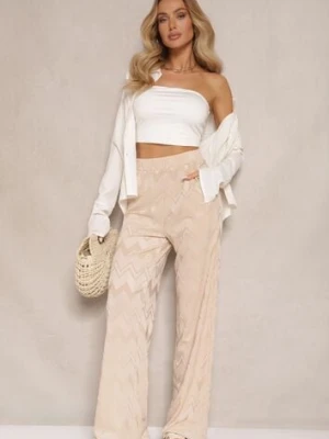 Beżowe Spodnie z Wiskozą o Szerokim Kroju High Waist Weralis by swan