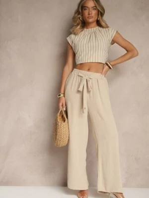 Beżowe Spodnie z Wiskozą o Szerokim Kroju z Wiązanym Paskiem Zileindra defox