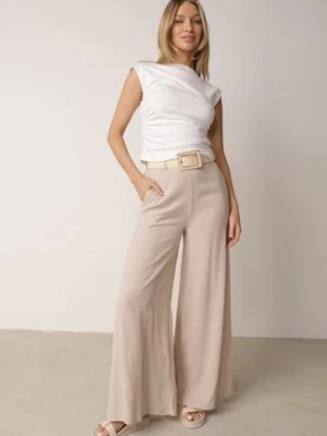 Beżowe Spodnie z Wiskozą o Szerokim Kroju z Wysokim Stanem i Paskiem Larailure elsa.m by may