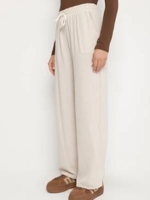 Beżowe Spodnie z Wiskozą o Szerokim Kroju ze Ściągaczem w Talii Lavirre defox