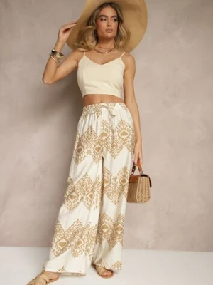 Beżowe Spodnie z Wiskozy o Szerokim Kroju High Waist ze Wzorem Boho Neolissea