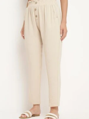 Beżowe Spodnie z Wysoką Talią Typu Paper Bag z Gumką w Pasie Noravia cflo