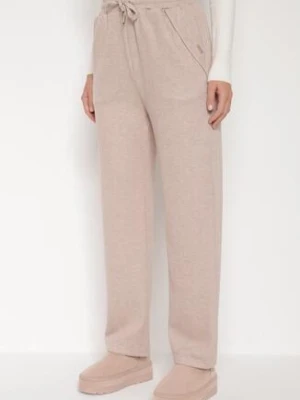 Beżowe Spodnie z Wysokim Stanem Ozdobione Sznurkami Akleria