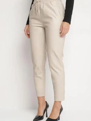 Beżowe Spodnie z Wysokim Stanem z Imitacji Skóry z Gumką w Pasie Esarienne defox