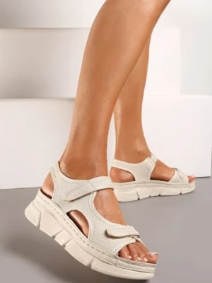 Beżowe Sportowe Sandały na Koturnie z Tłoczeniem z Paskami na Rzep Piovana feisal