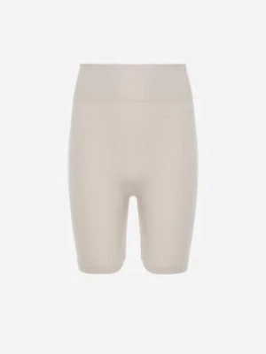 Beżowe Sportowe Szorty Kolarki z Wysokim Stanem z Prążkowanej Dzianiny Pirila glo-story