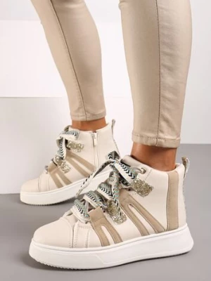 Beżowe Streetwearowe Sneakersy na Grubej Podeszwie Ozdobione Kontrastowymi Wstawkami Kaittane