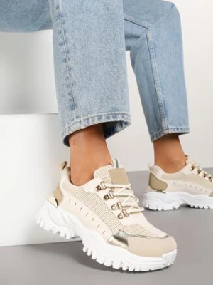 Beżowe Streetwearowe Sneakersy na Grubej Podeszwie z Tłoczeniami Goniswen