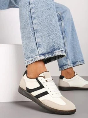 Beżowe Stylowe Sneakersy na Płaskiej Podeszwie z Geometrycznymi Przeszyciami Rialine