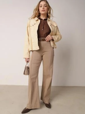 Beżowe Szerokie Jeansy z Bawełny z Wysokim Stanem i Pionowymi Przeszyciami Keperise