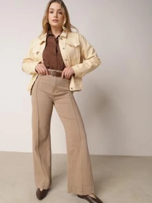 Beżowe Szerokie Jeansy z Bawełny z Wysokim Stanem i Pionowymi Przeszyciami Keperise hello miss