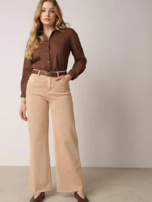 Beżowe Szerokie Jeansy z Wysokim Stanem i Postrzępionymi Nogawkami Fyrelreia milas91