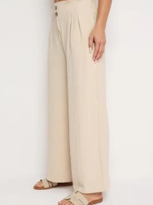 Beżowe Szerokie Spodnie Alladynki z Wysokim Stanem i Gumką w Talii Rissanas r&f fashion