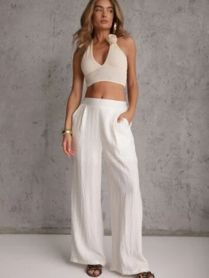 Beżowe Szerokie Spodnie Casual High Waist ze Strukturalnej Tkaniny Hyrarpia melya by melody