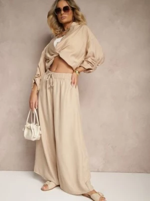 Beżowe Szerokie Spodnie High Waist Ozdobione Wiązaniem Telonia