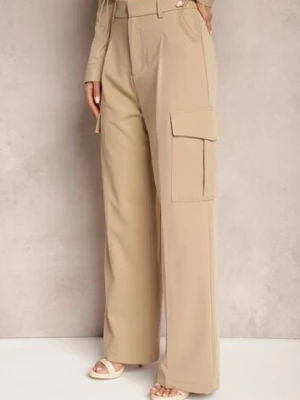 Beżowe Szerokie Spodnie High Waist w Eleganckim Stylu z Kieszeniami Cargo Dekanna