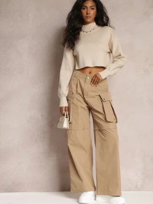 Beżowe Szerokie Spodnie High Waist w Stylu Cargo Vomisal Manosque