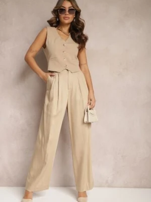 Beżowe Szerokie Spodnie High Waist z Kieszeniami Keanne bisou's project
