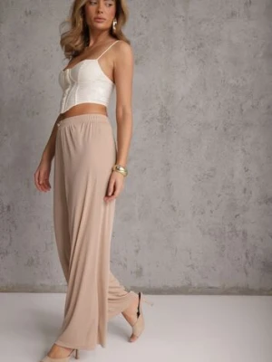 Beżowe Szerokie Spodnie High Waist z Prążkowanej Tkaniny z Ozdobnym Guzikiem Dalifa daysie