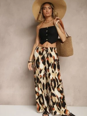 Beżowe Szerokie Spodnie High Waist z Wiskozą w Panterkowy Wzór Zeviera j&x