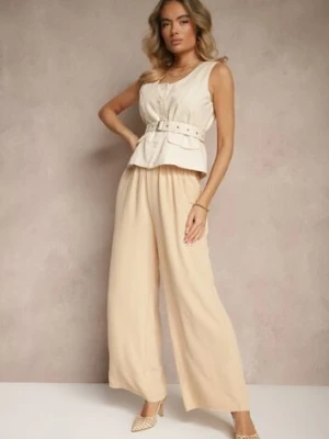 Beżowe Szerokie Spodnie Typu Palazzo High Waist Araneira