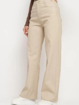 Beżowe Szerokie Spodnie Woskowane z Wysokim Stanem Azilie daysie