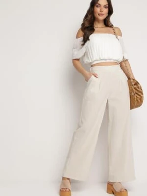 Beżowe Szerokie Spodnie z Gumką w Talii z Lnem Araniells melya by melody