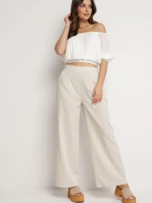 Beżowe Szerokie Spodnie z Gumką w Talii z Lnem Araniells melya by melody