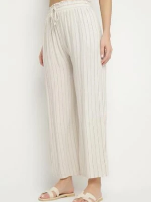Beżowe Szerokie Spodnie z Lnem w Paski Wiązane w Talii Firedia cflo