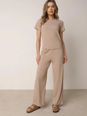 Beżowe Szerokie Spodnie z Prążkowanej Tkaniny z Wysokim Stanem Sarora glo-story