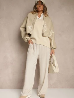 Beżowe Szerokie Spodnie z Wiskozą z Gumką w Pasie Lealirre defox