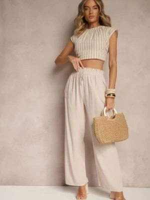 Beżowe Szerokie Spodnie z Wiskozy Ozdobione Wiązaniem Toleassa rosita