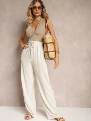 Beżowe Szerokie Spodnie z Wiskozy z Dodatkiem Lnu Delsira retro & icone