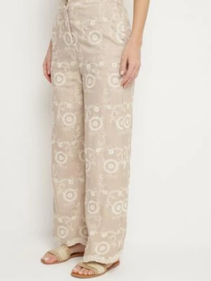 Beżowe Szerokie Spodnie z Wysokim Stanem i Haftem Tulsedi rosa