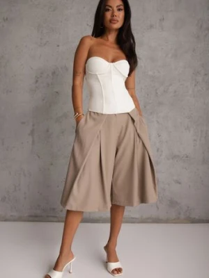 Beżowe Szerokie Szorty Eleganckie Bermudy High Waist z Zaszewkami w Talii Choniala Jumelle