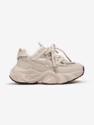 Beżowe Sznurowane Buty Sportowe Sneakersy na Grubej Tłoczonej Podeszwie Arionella