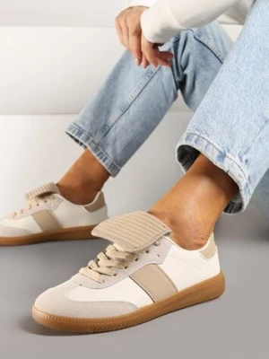 Beżowe Sznurowane Płaskie Sneakersy z Geometrycznym Wzorem Felilva