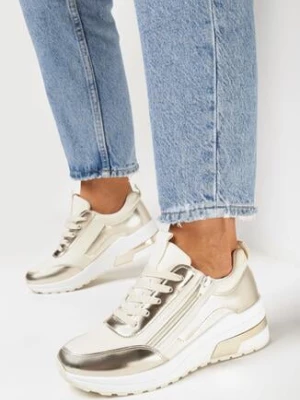 Beżowe Sznurowane Sneakersy na Grubej Podeszwie z Błyszczącymi Wstawkami i Suwakiem Revilinsa