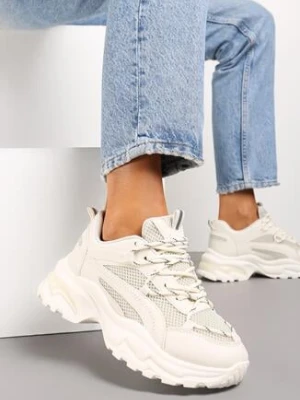 Beżowe Sznurowane Sneakersy na Grubej Podeszwie z Odblaskami Xerxia
