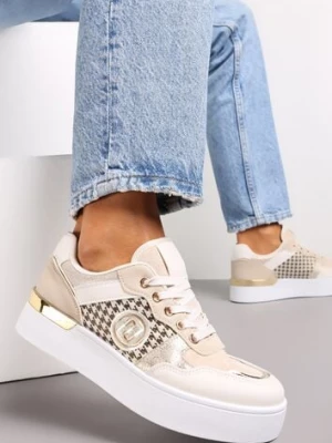 Beżowe Sznurowane Sneakersy na Grubej Podeszwie z Ozdobną Wstawką Minsa
