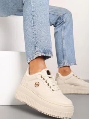 Beżowe Sznurowane Sneakersy na Grubej Tłoczonej Podeszwie z Aplikacją Tilinae