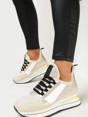Beżowe Sznurowane Sneakersy na Płaskiej Grubej Podeszwie z Brokatem Reyrel