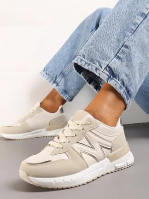 Beżowe Sznurowane Sneakersy na Płaskiej Podeszwie z Metalicznym Wykończeniem Vivamarie