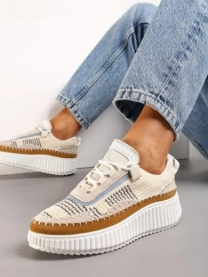 Beżowe Sznurowane Sneakersy na Tłoczonej Platformie Orasa