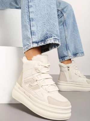 Beżowe Sznurowane Sneakersy na Tłoczonej Platformie Ozdobione z Boku Aplikacją Neathalie